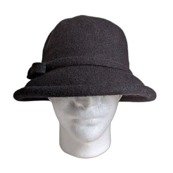 Cloche Hat Side Bow Black All Seasons - 100% Wool - Fall Style Evening Dress Up - Picture 4 of 10